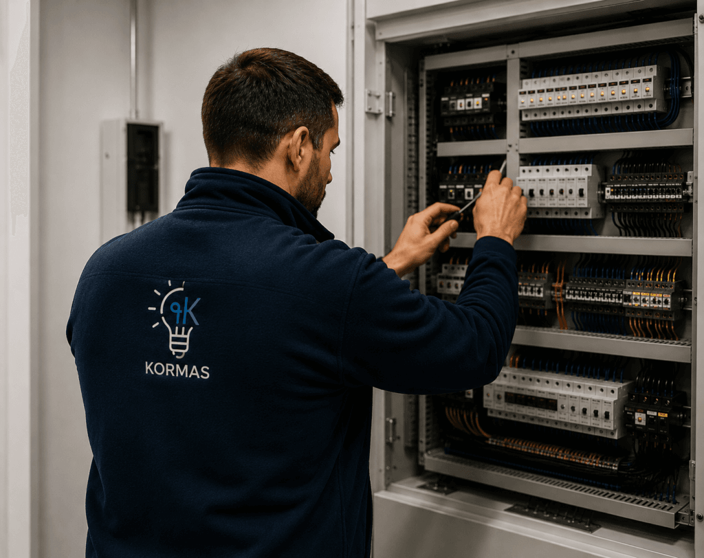 Elektryk Kormas wykonujący prace przy rozdzielnicy elektrycznej.