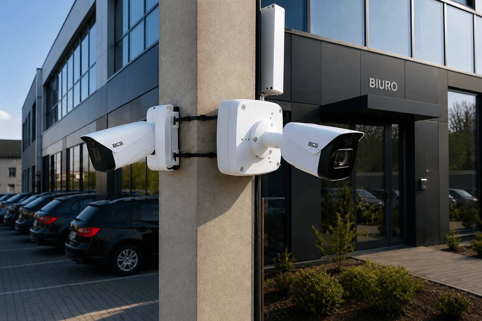 Kamery monitoringu BCS zamontowane przy budynku firmy i biura