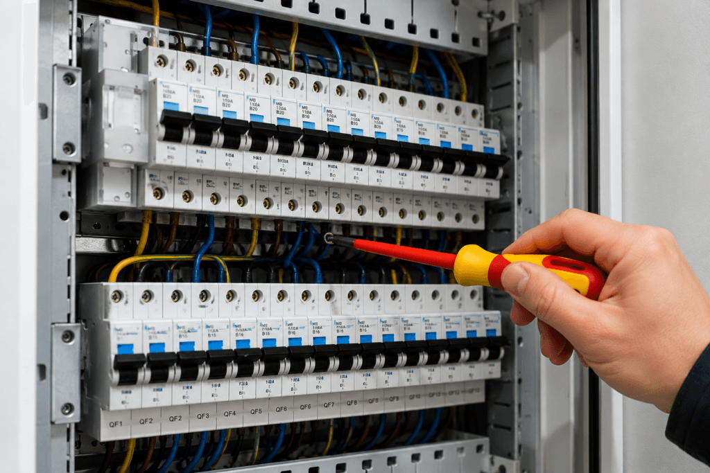 Dłoń elektryka wykonującego prace przy rozdzielnicy elektrycznej z zabezpieczeniami i okablowaniem.