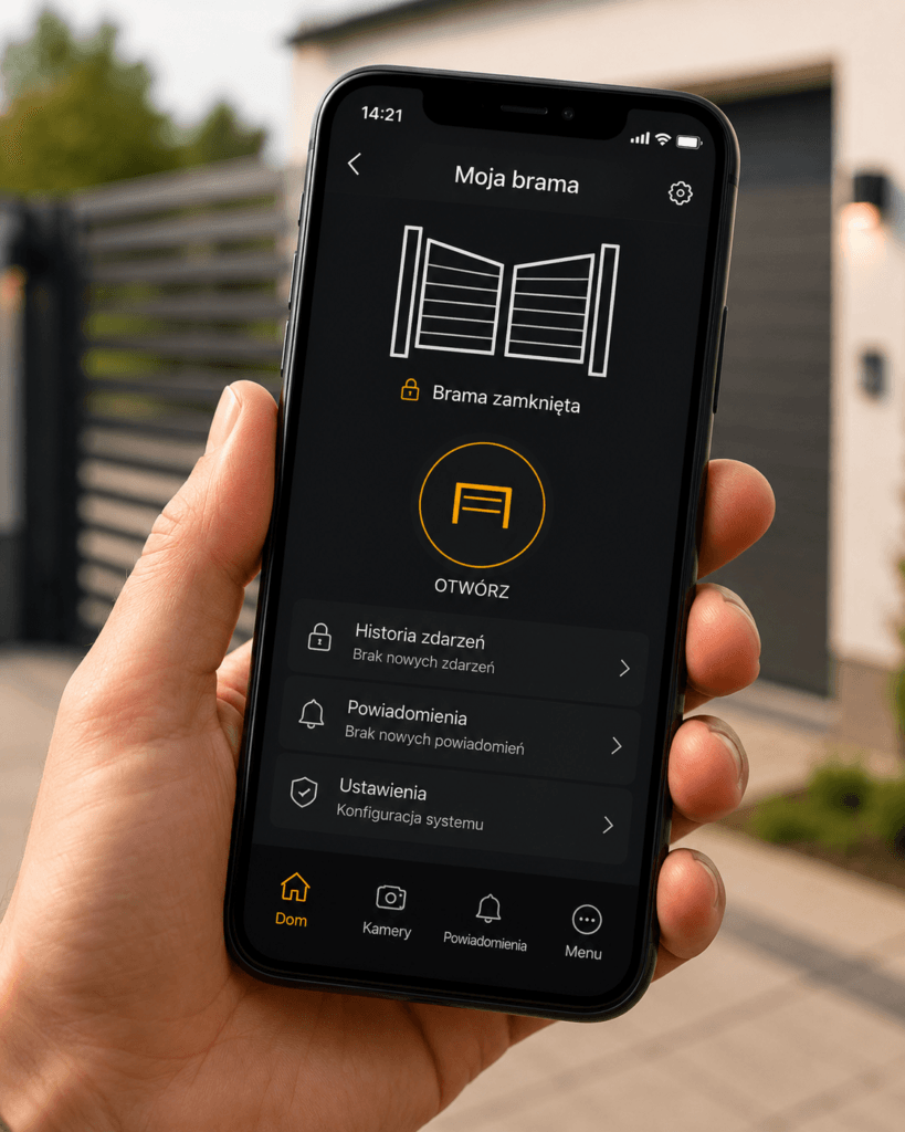Sterowanie bramą wjazdową z aplikacji mobilnej na smartfonie przed nowoczesnym domem.