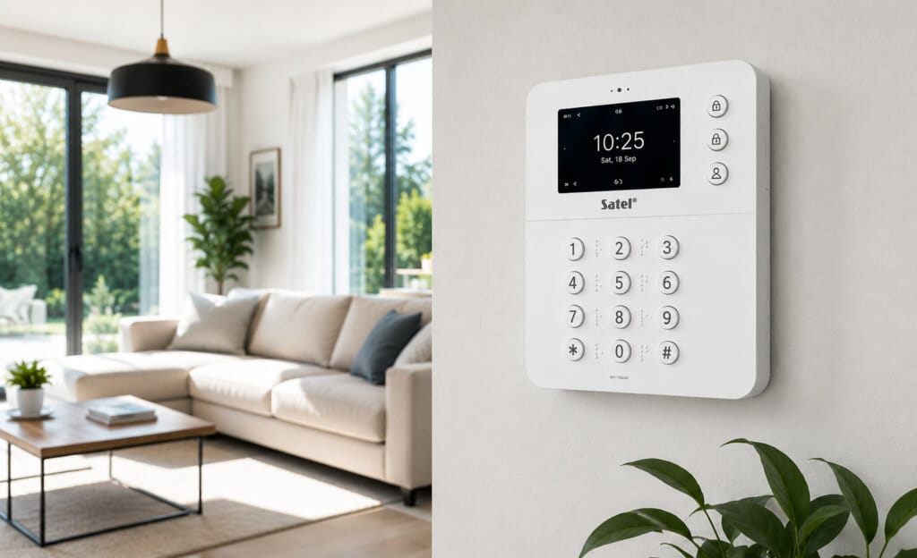 Klawiatura systemu alarmowego Satel zamontowana na ścianie w nowoczesnym salonie.