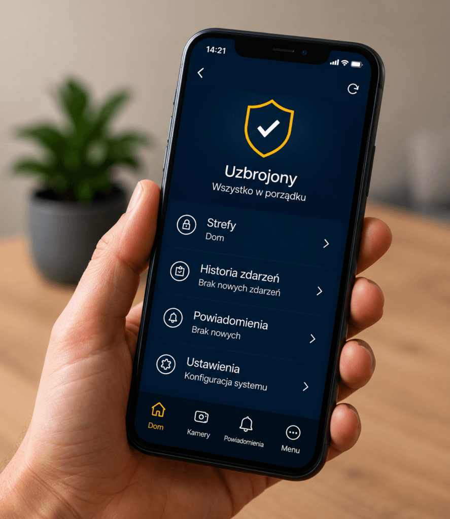 Aplikacja mobilna do zdalnego sterowania systemem alarmowym wyświetlana na ekranie smartfona.