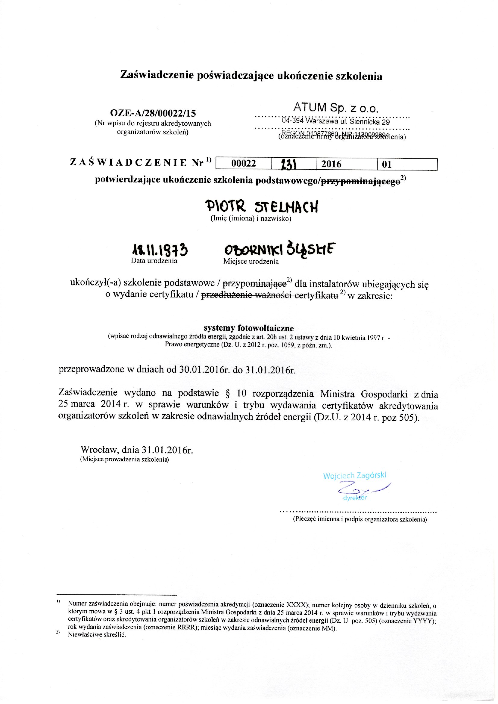 Zaświadczenie szkoleniowe: ATUM — systemy fotowoltaiczne, 30–31.01.2016