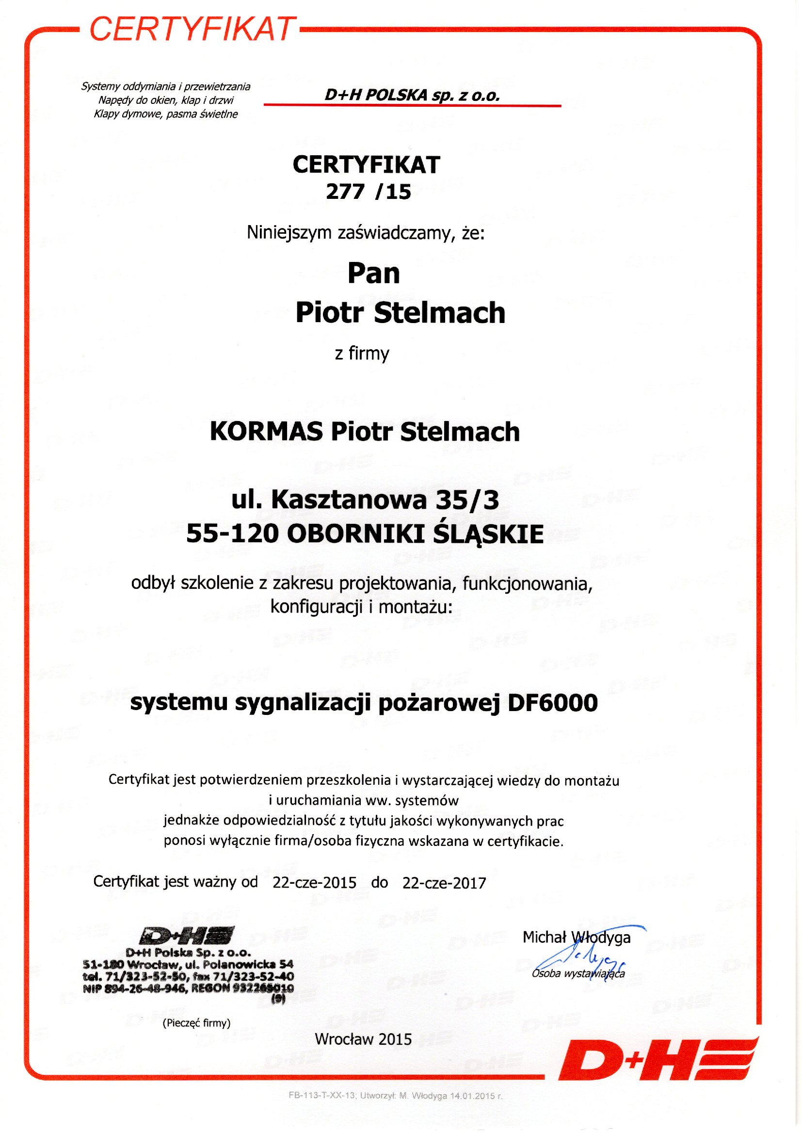 Dokument historyczny: D+H — sygnalizacja pożaru DF6000, 22.06.2015
