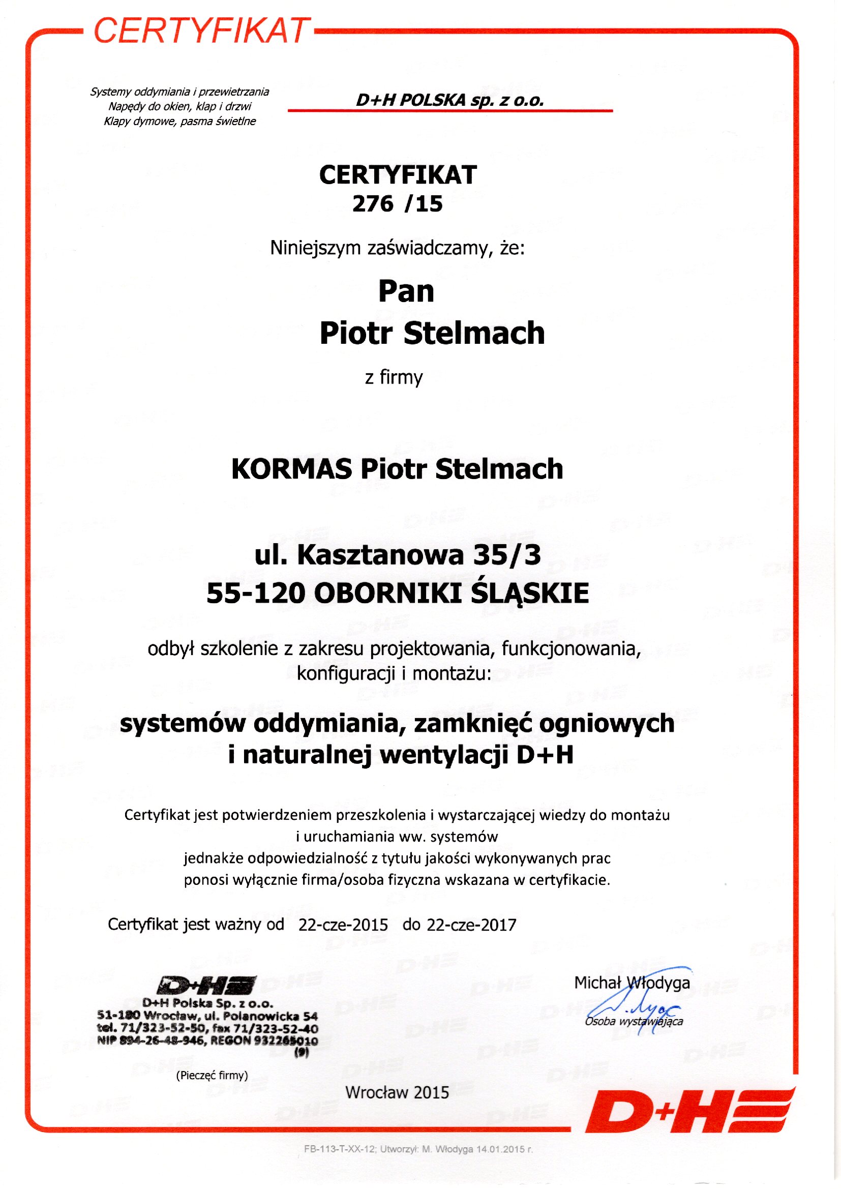 Dokument historyczny: D+H — systemy oddymiania, 22.06.2015