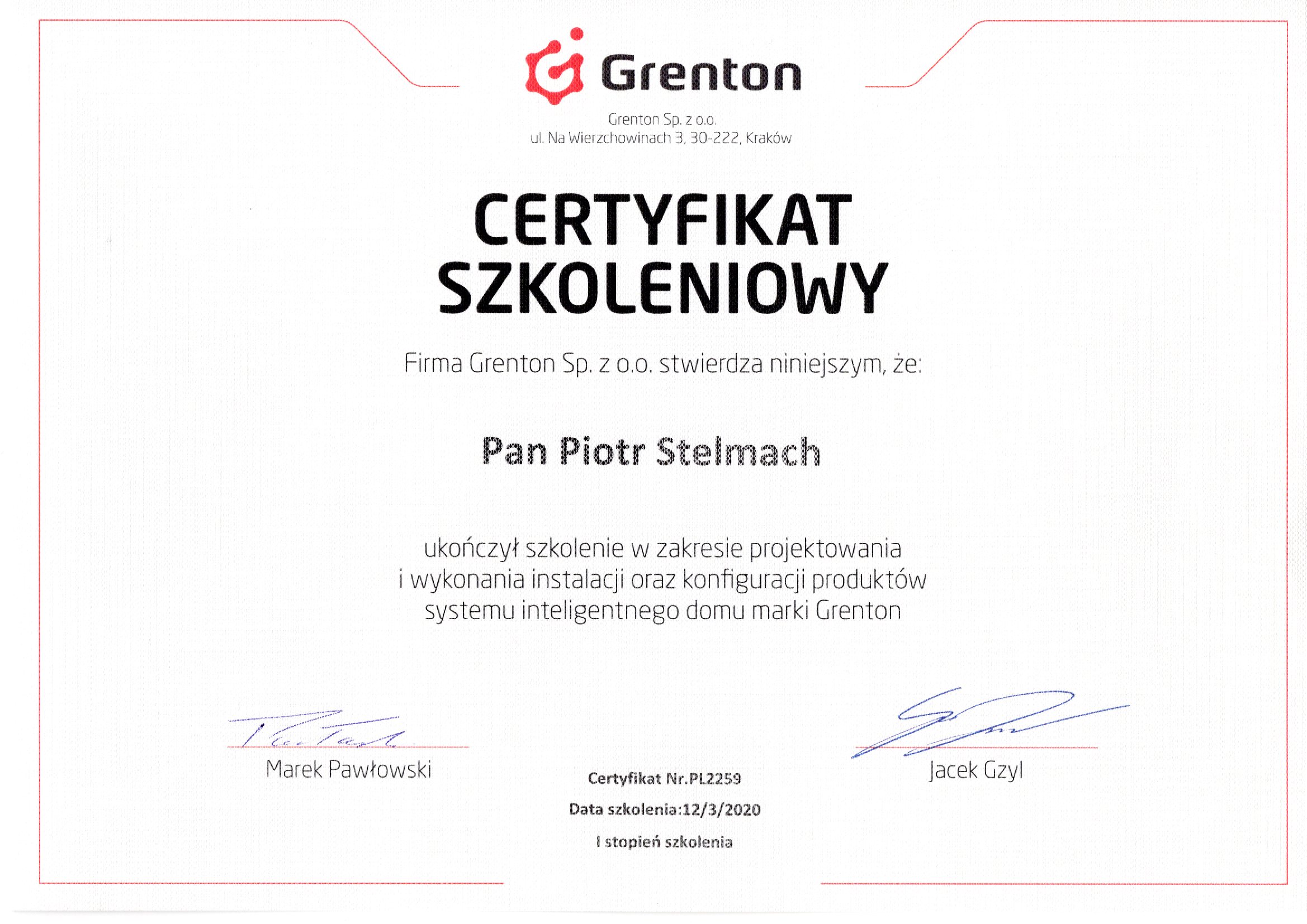 Szkolenie I stopnia: Grenton — inteligentny dom, 12.03.2020
