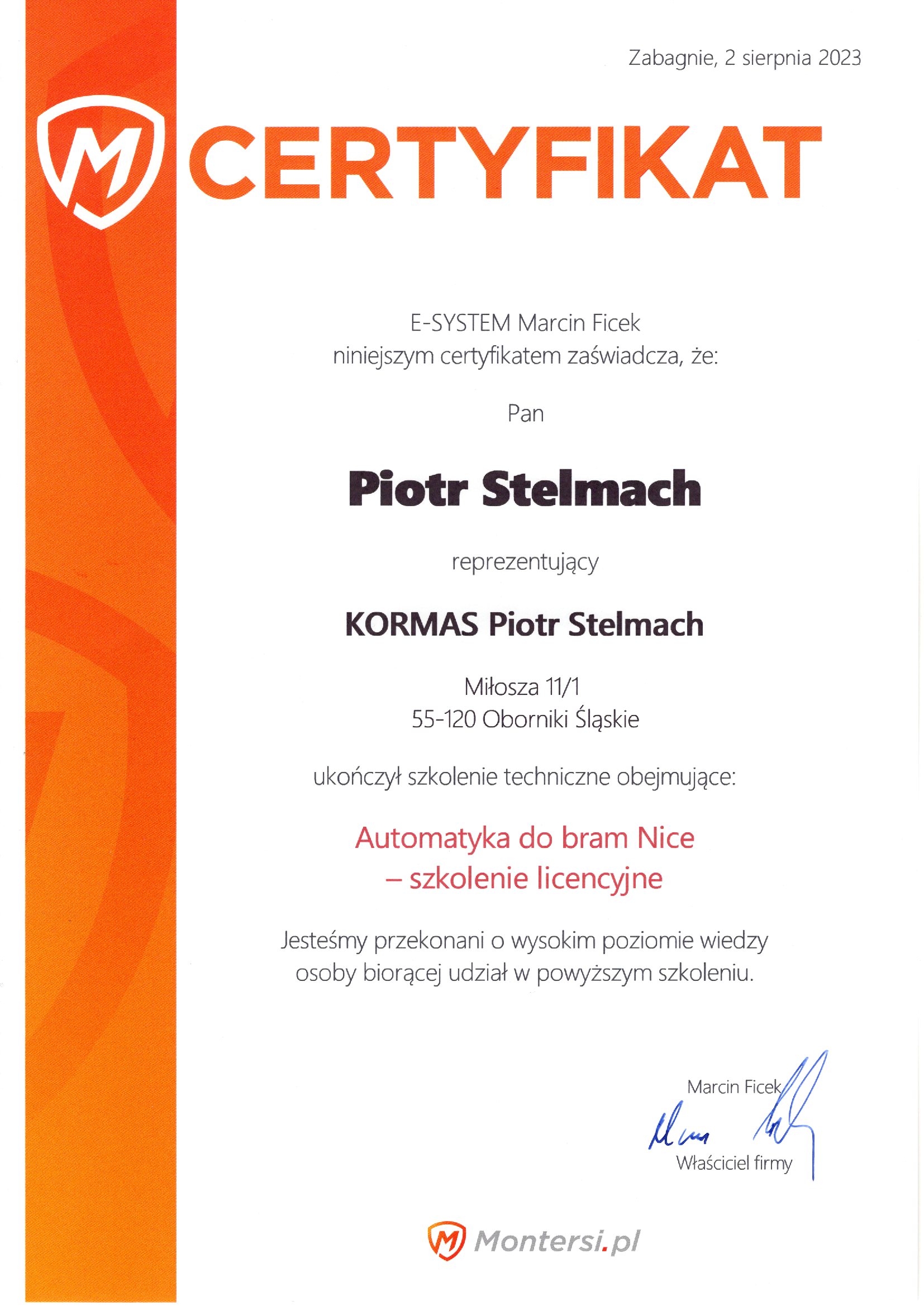 Szkolenie licencyjne: NICE — automatyka bram, 02.08.2023